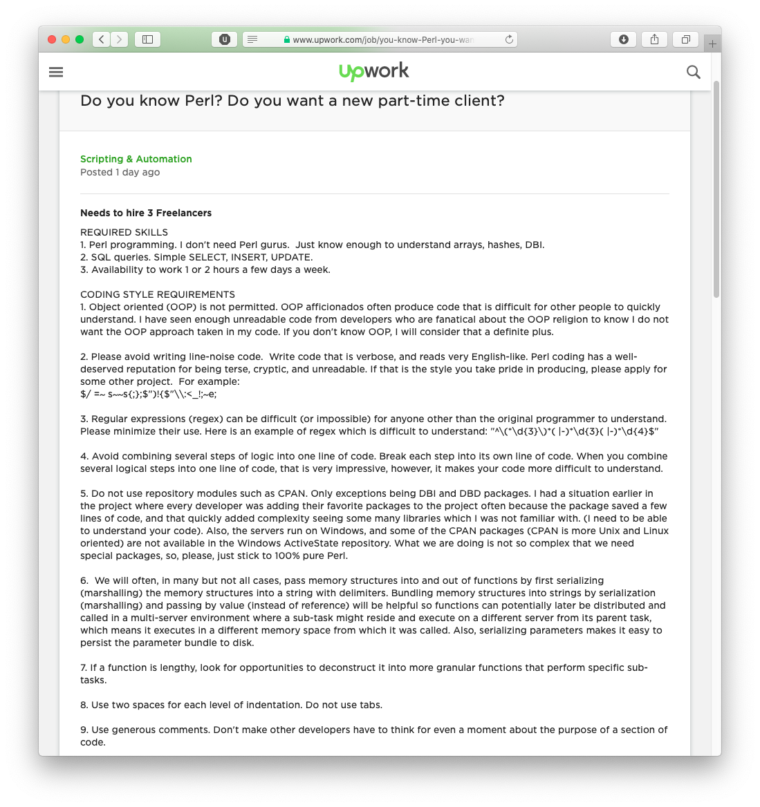 Upwork job posting